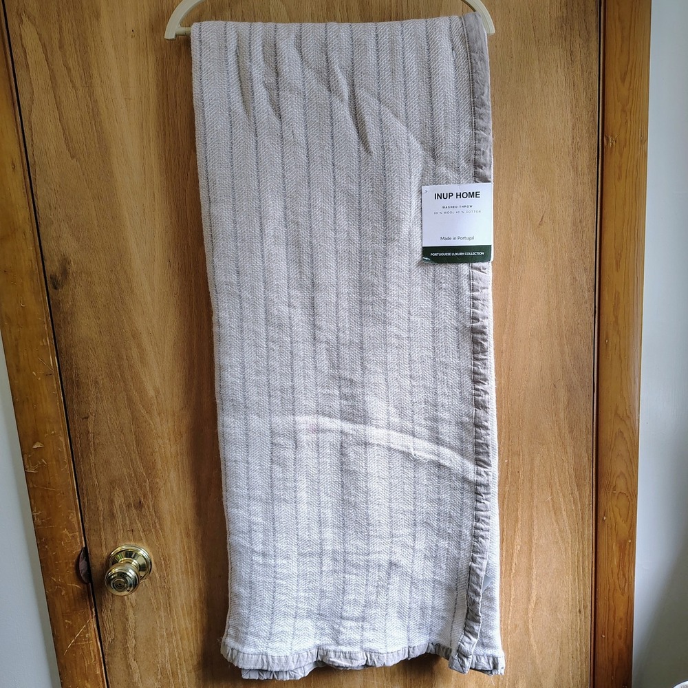 INUP HOME Luxury Soft Washed Throw Blanket Wool/Cotton 50x70 Beige Brown Stripe
